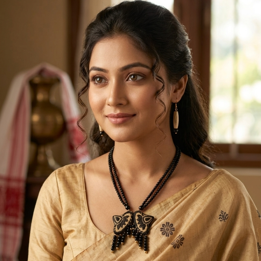 Handcrafted Assamese Japi Motif Necklace & Earring Set | Traditional Woven Jewelry